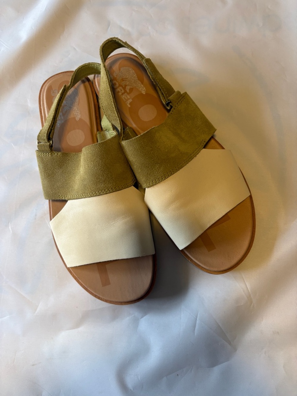 Sorel Olive and Cream Wide-Strap Slingback Sandals